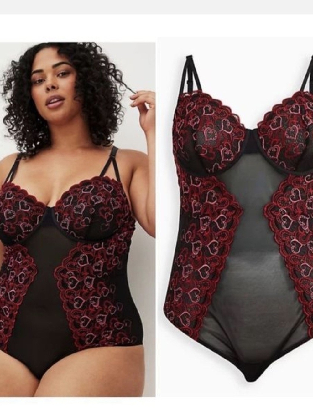 torrid Black Wired Bodysuit with Red Heart Lace Embroidery Vamp Diva Teddy